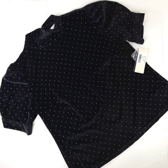 NWT Nanette Lepore Black Velvet Blouse Gold Polka Dots Mockneck Shirt SIZE LARGE - Picture 1 of 16